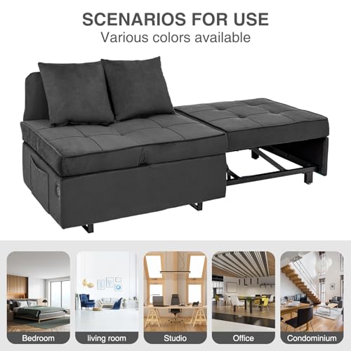 Sofa Bed Convertible Pull Out Couch with 2 Throw Pillows, Dark Grey Z539533