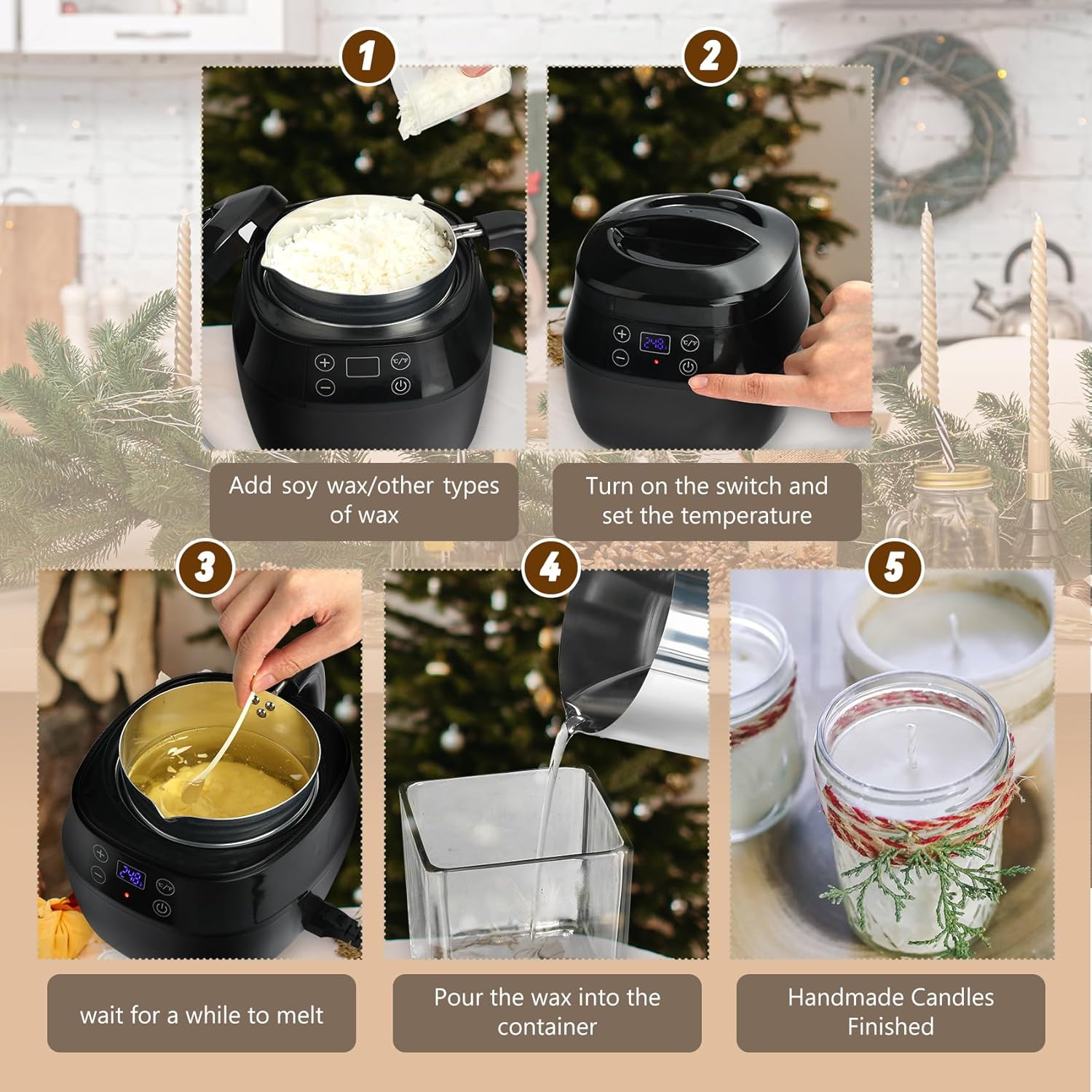 Wax Melter for Candle Making, 1L Melting Pot with Digital Temperature Display A2391