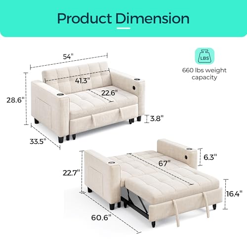 3-in-1 Convertible Sofa Bed with Charging Station, Green R3379