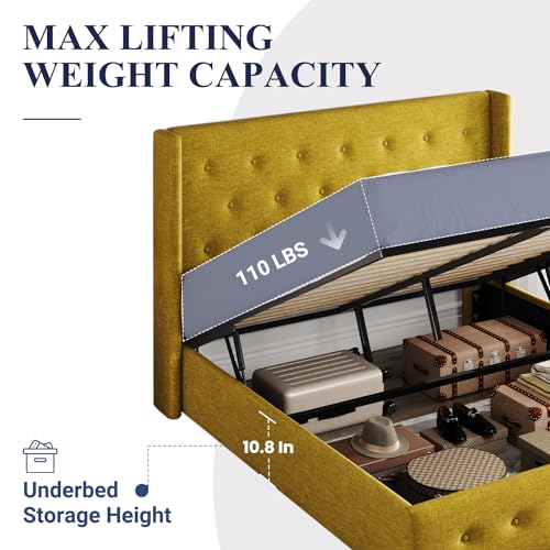 Full Size Lift Up Storage Bed with Wingback Headboard, Hydraulic Support, Light Beige P736605