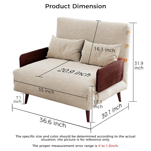 Convertible Chair Bed Sleeper for Adults, Linen with Wooden Arms & Pillows, Foldable Single Futon Sofa Bed Q683821