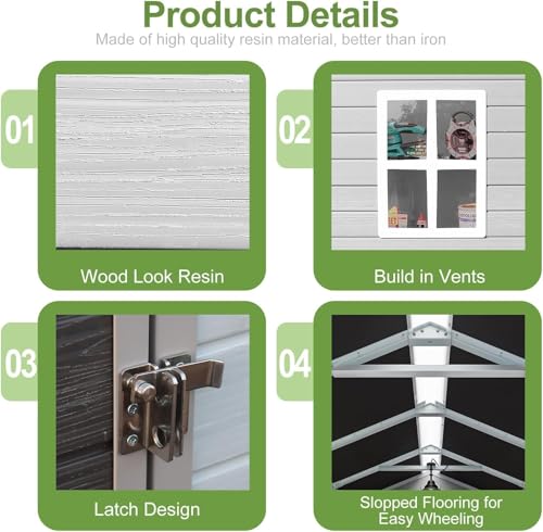 Resin Storage Shed, Waterproof Outdoor Tool Shed with Floor, Double Lockable Doors I89690
