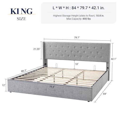Full Size Lift Up Storage Bed with Wingback Headboard, Hydraulic Support, Light Beige P736605