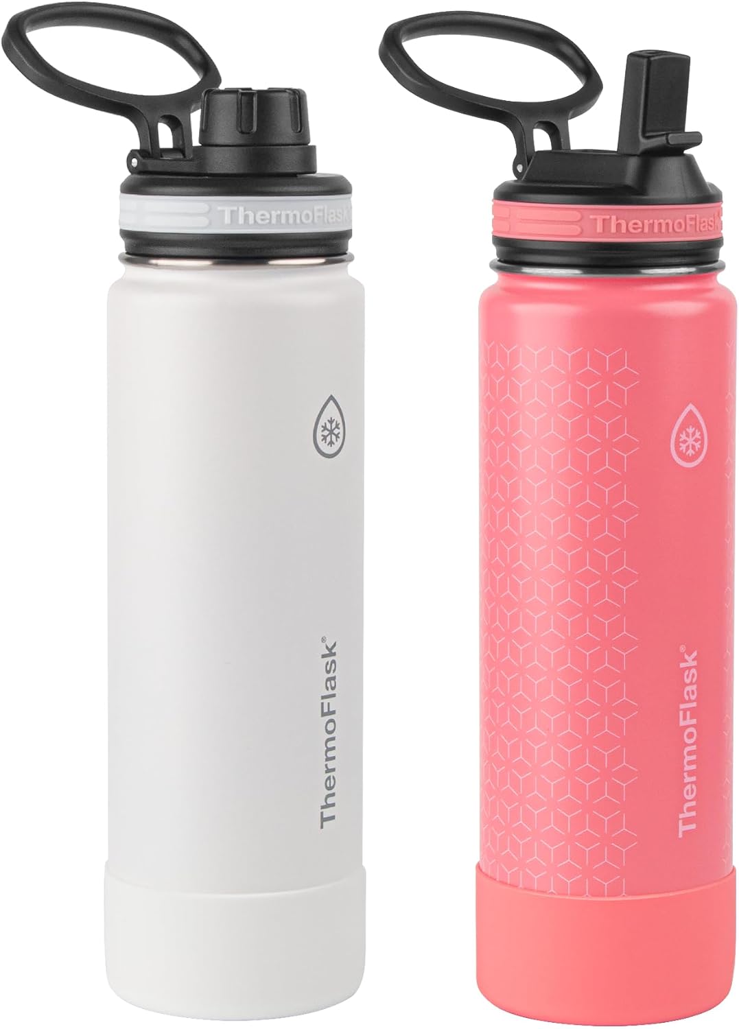 ThermoFlask 24 oz Double Wall Vacuum Insulated Stainless Steel 2-Pack of Water Bottles, White/Coral