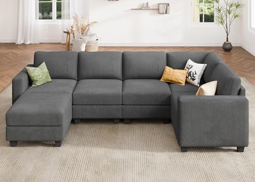 Corduroy Modular Sectional Couch with Storage, L-Shaped, 6 Seater, Dark Gray X823135