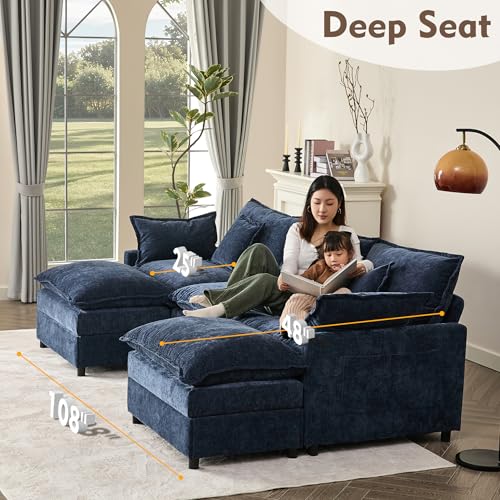 U Shaped Modular Sectional Sofa with Ottoman, Chenille, Black Z16537