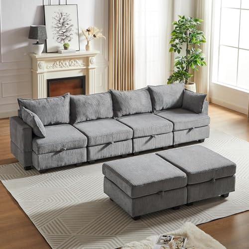Modular Storage Sectional Sofa with Movable Ottomans, U-Shaped Chenille U839651