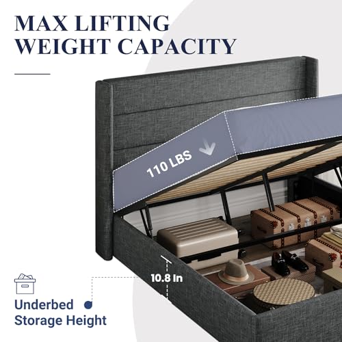 Full Size Lift Up Storage Bed with Wingback Headboard, Hydraulic Support, Light Beige P736605