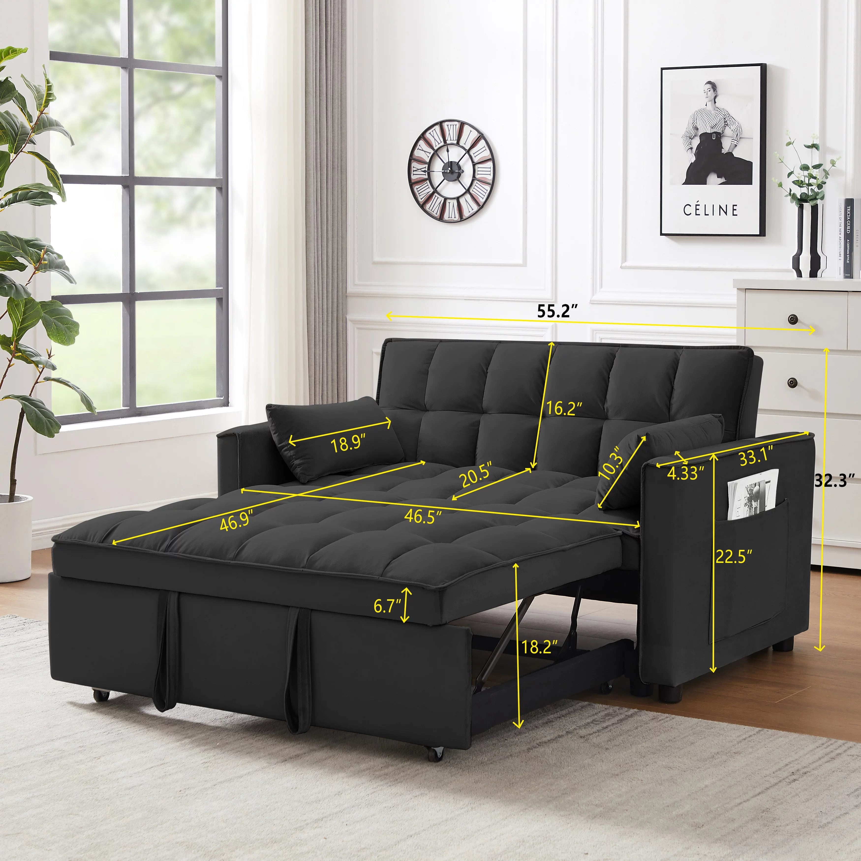 Modern Velvet Pull Out Convertible Sofa Bed with Reclining Backrest X291364