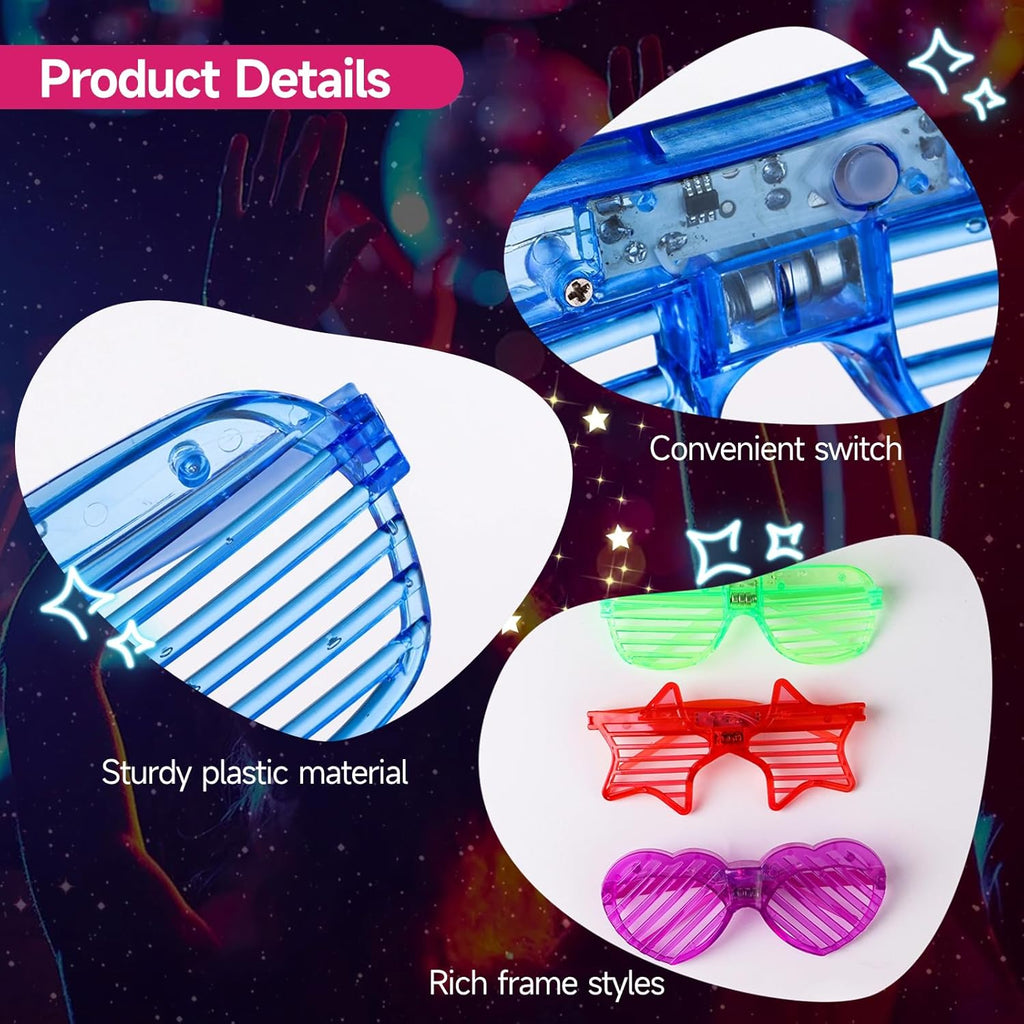 LED Glasses, 3 Shapes Shutter Shades, 4 Colors, Glow in The Dark Party Favors F204