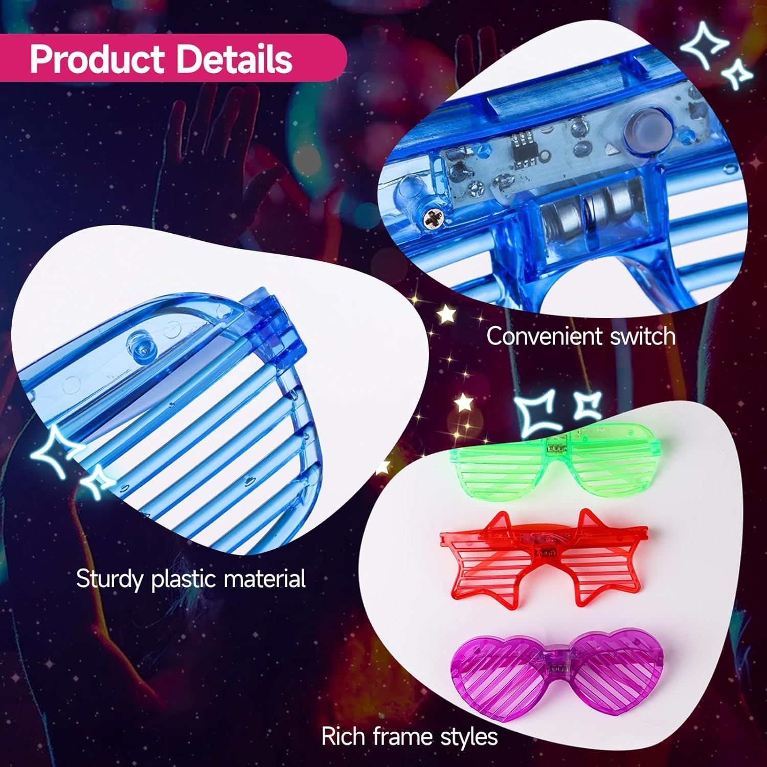 LED Glasses, 3 Shapes Shutter Shades, 4 Colors, Glow in The Dark Party Favors F204
