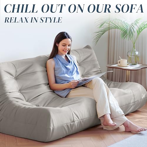 Bean Bag Chair for Adults, Suede & Microfiber Corner Lounge Sofa, 3-Seater, Beige F9802