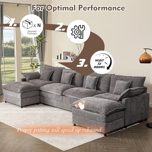 U Shaped Modular Sectional Sofa with Ottoman, Chenille, Black Z16537