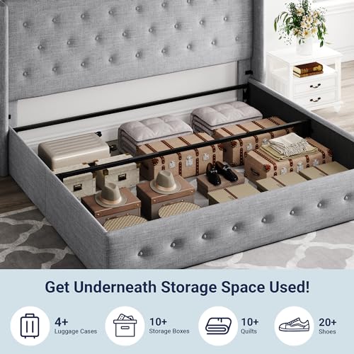 Full Size Lift Up Storage Bed with Wingback Headboard, Hydraulic Support, Light Beige P736605