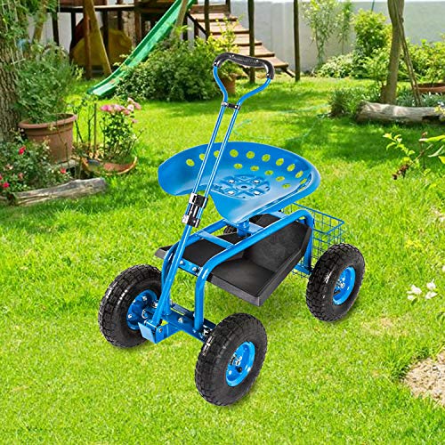 Garden Cart Rolling Work Seat with Tool Tray and Storage Basket M2128
