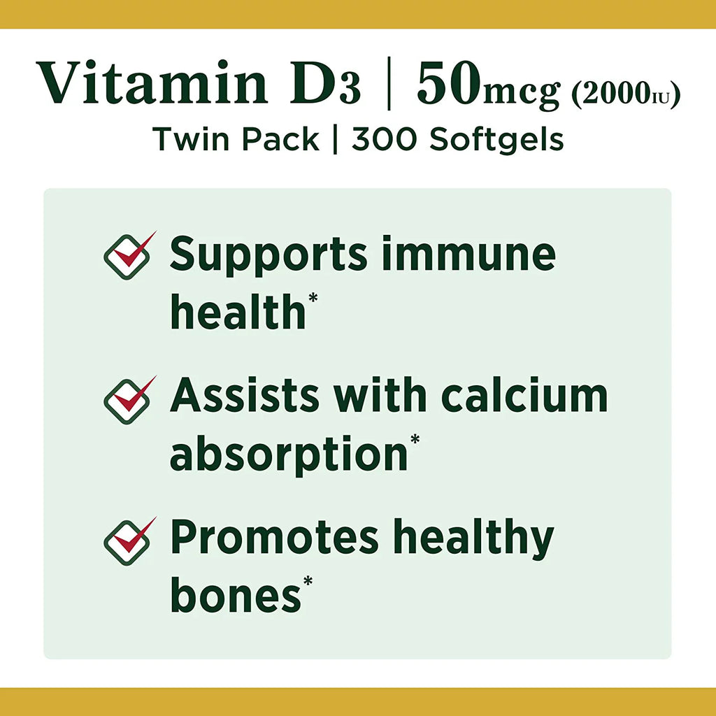 Vitamin D3 Softgels, 2000 IU, 150 Ct, 2 Pack B20020