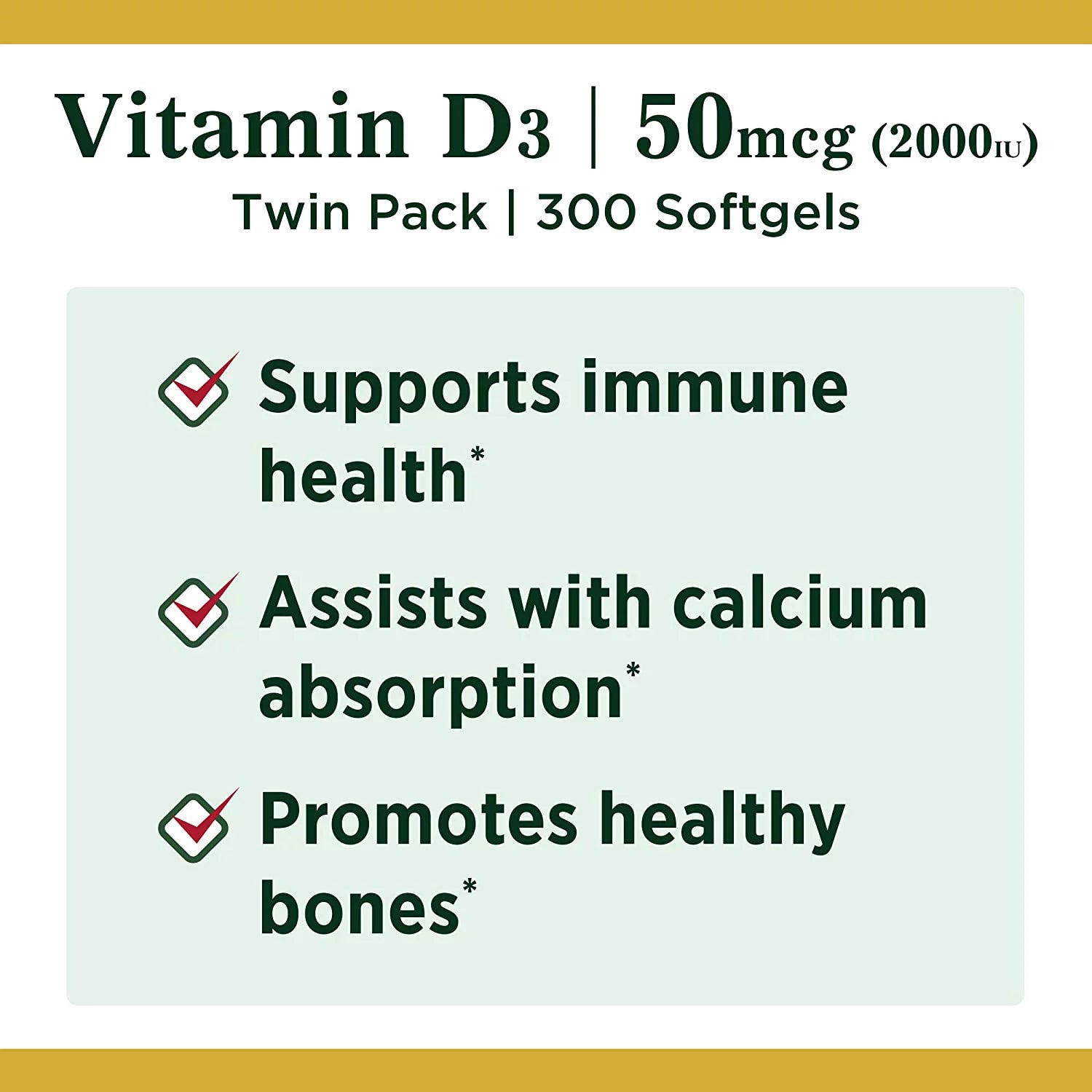 Vitamin D3 Softgels, 2000 IU, 150 Ct, 2 Pack B20020