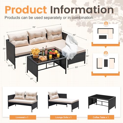 Outdoor Patio 3-Piece Rattan Sectional Sofa with Cushion and Glass Table A396028