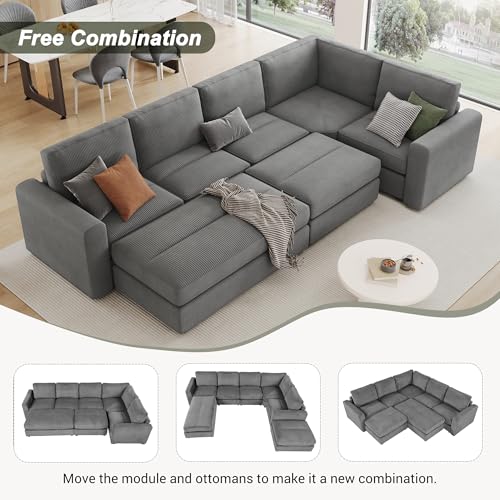 Corduroy Sectional Sofa Bed with Two Ottomans, Gray J44720