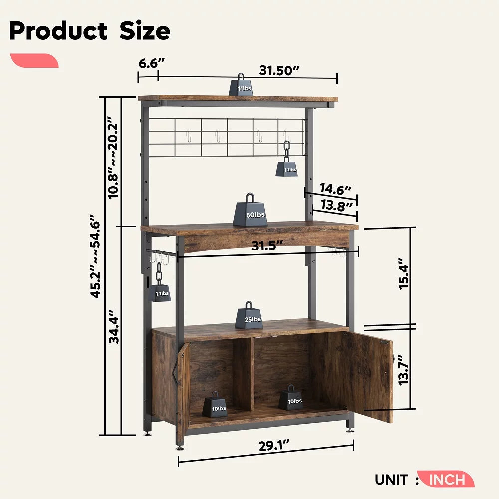 3-Tier Baker's Rack with Cabinet, Kitchen Storage Shelves, Microwave Stand H5194