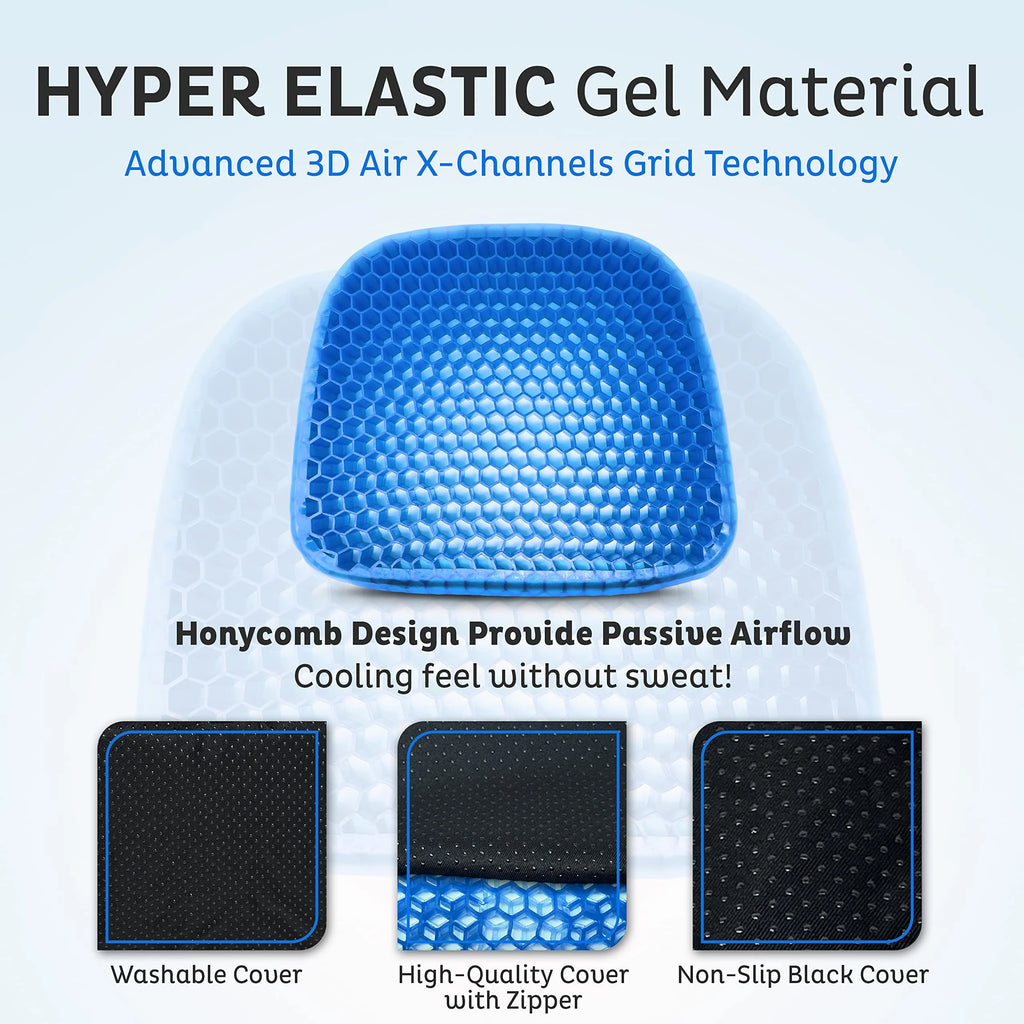 Gel Seat Cushion with Ergonomic Honeycomb Design, Large Size, Removable Washable Cover J1058