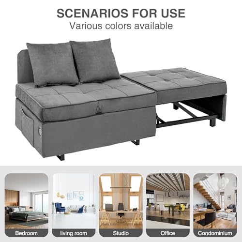 Sofa Bed Convertible Pull Out Couch with 2 Throw Pillows, Dark Grey Z539533