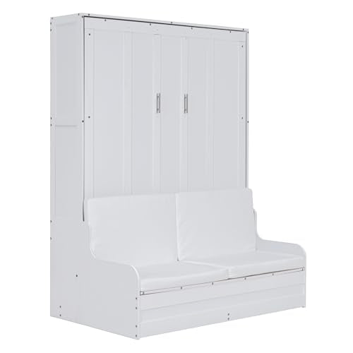 Murphy Bed Queen Size with Cushion, Foldable Sofa Bed Frame with Slat Support, White C2974