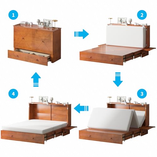 Queen Size Murphy Bed with Tri-Folding Mattress and Charging Station T181