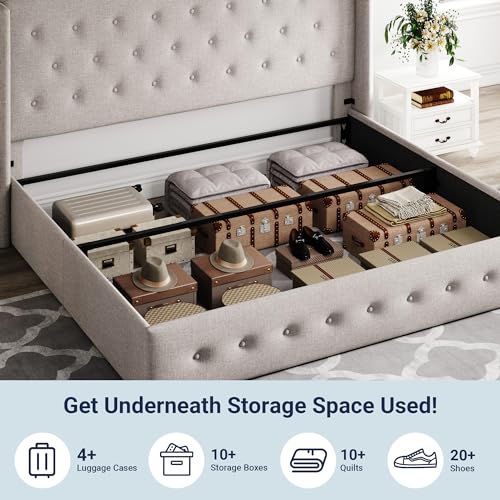 Full Size Lift Up Storage Bed with Wingback Headboard, Hydraulic Support, Light Beige P736605