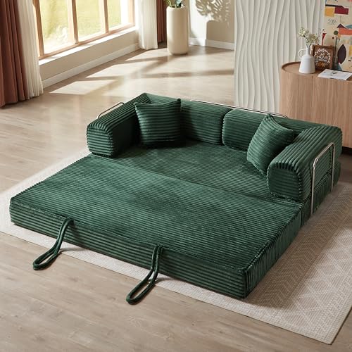 81" Foldable Convertible Sleeper Sofa Bed with Fixed-Shape Frame , Fluffy Corduroy Upholstered Folding Mattress Couch with Cylindrical Pillow, Floor Sofa Lounge Couch for Living Room Bedroom Studio