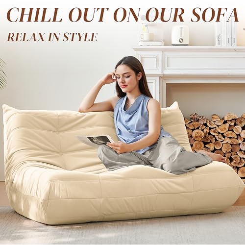 Bean Bag Chair for Adults, Suede & Microfiber Corner Lounge Sofa, 3-Seater, Beige F9802