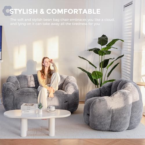 Floral Shaped Bean Bag Sofa for Adults, Faux Fur Floor Chair, Beige U8616