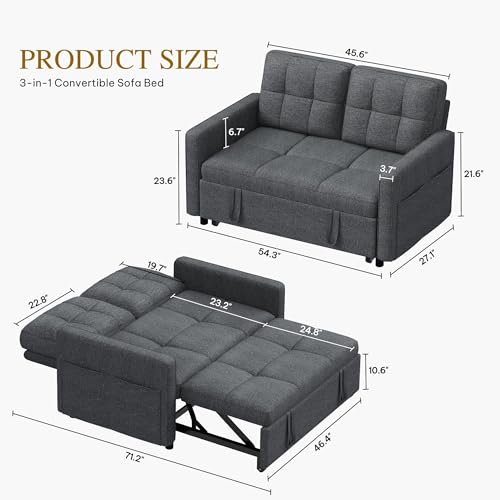 Convertible Sofa Bed, 3-in-1 Sleeper with Pull-Out Bed, Linen Futon Couch H198
