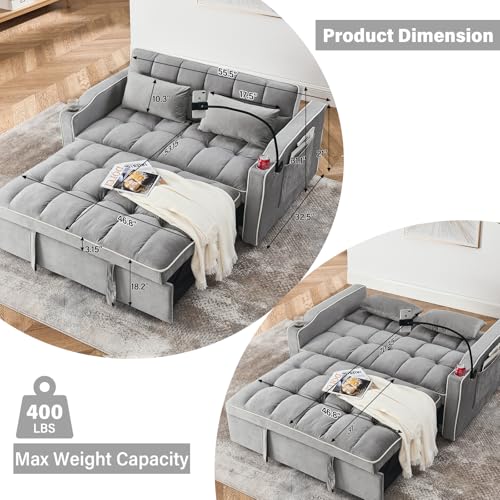 Convertible Sofa Bed, 3 in 1 Velvet Sleeper with Adjustable Backrest, Gray K13376