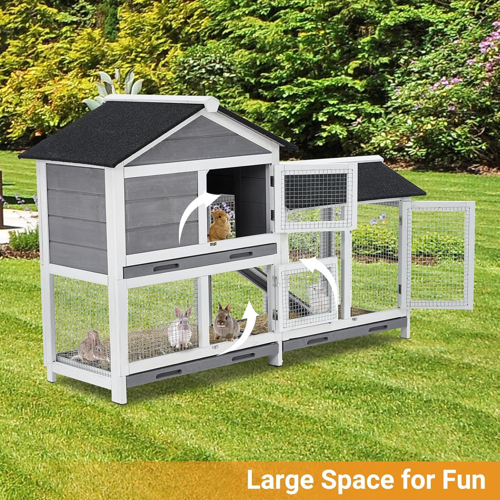 Wooden Outdoor Indoor Bunny Hutch Rabbit Cage with Stairs and Cleaning Tray X8885