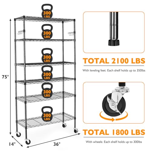 Heavy Duty 6-Tier Storage Shelves with Wheels, Adjustable Metal Wire Rack E412