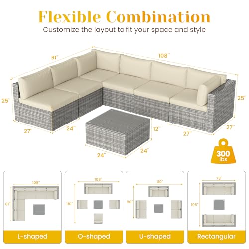 Outdoor Patio Furniture Set with Glass Tea Table, PE Rattan Wicker, Washable Cushions, Grey K8525