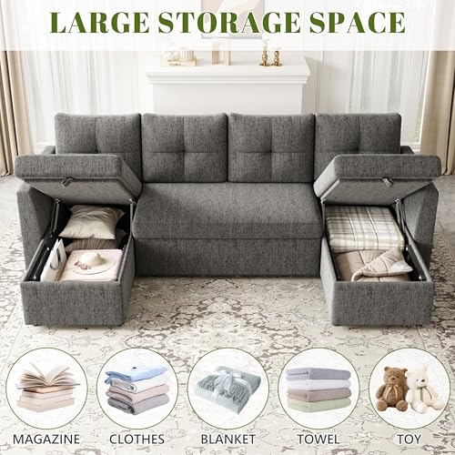 Oversized Sleeper Sofa Couch with Double Storage Chaise, Dark Grey B422253