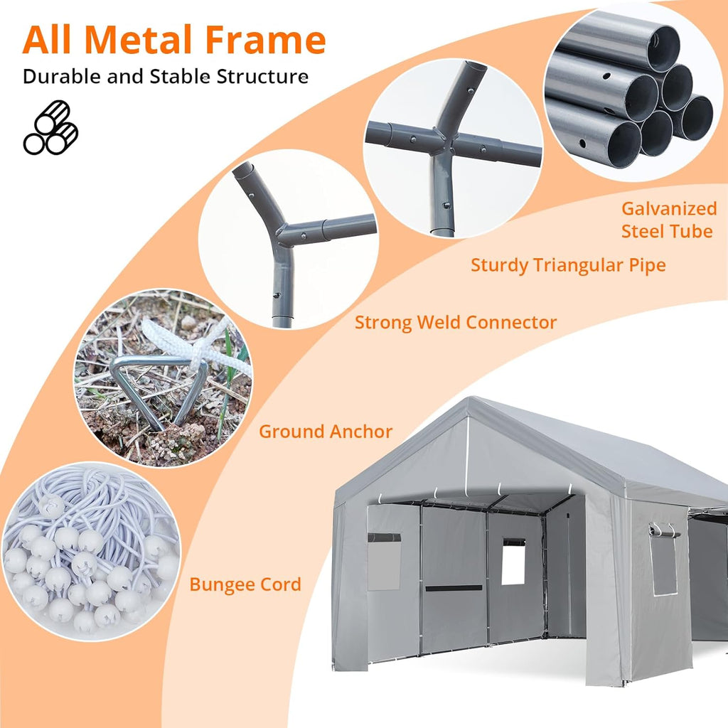 Carport 10×20 FT Portable Garage with Roll-up Doors, Galvanized Steel Frame, Grey R168