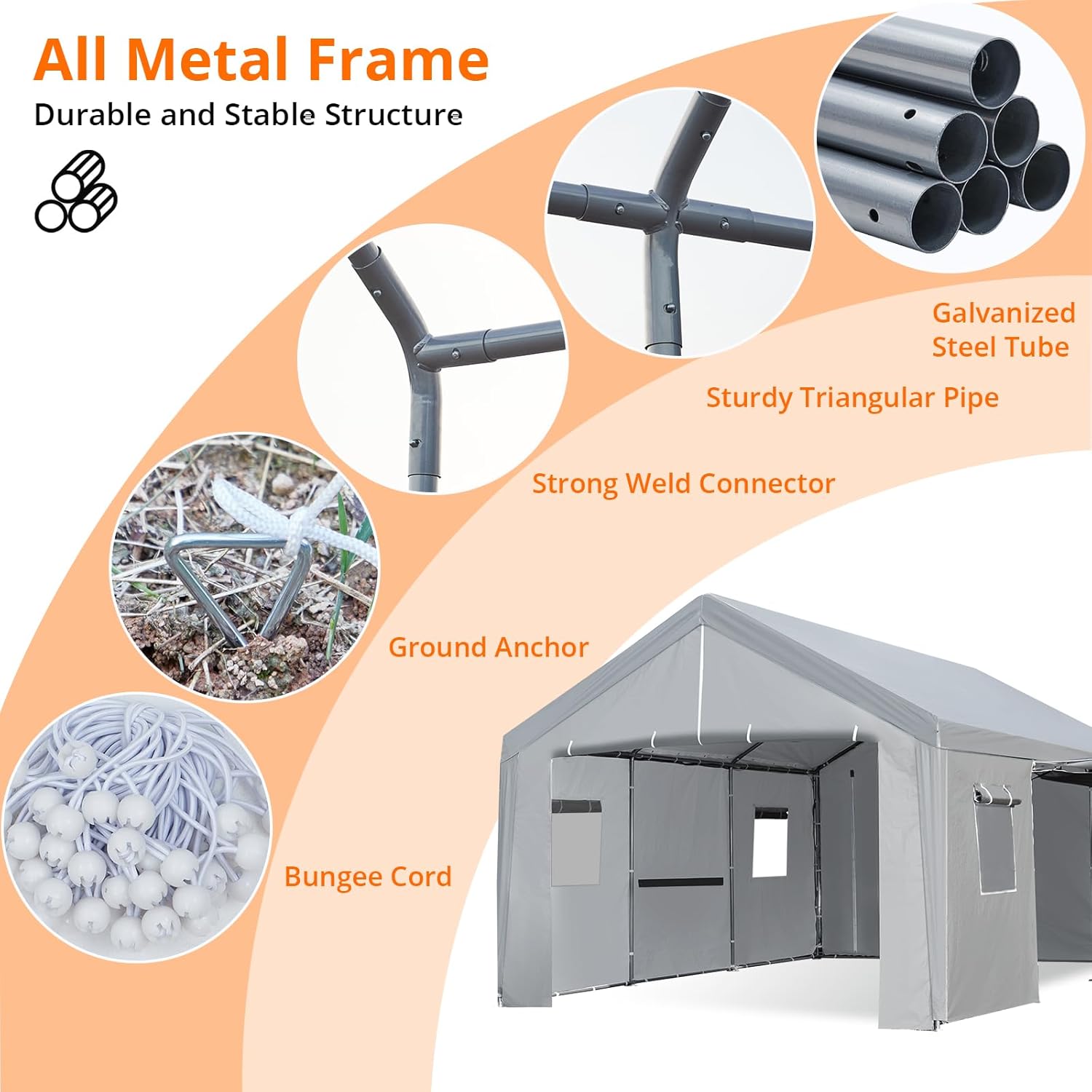 Carport 10×20 FT Portable Garage with Roll-up Doors, Galvanized Steel Frame, Grey R168