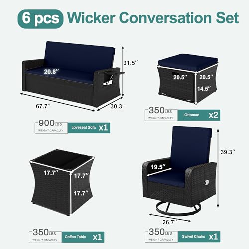 Wicker Patio Furniture Set with Swivel Recline Chairs and Storage Ottoman B707