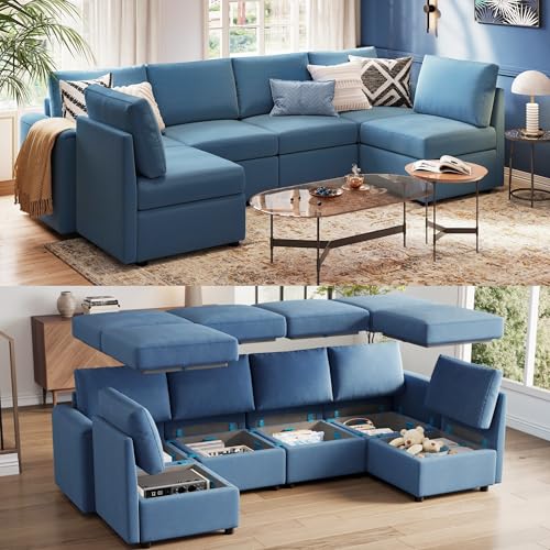 Modular Sectional Sofa with Storage, U Shaped Couch, Blue Y4358