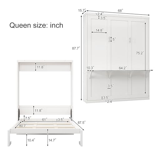 Murphy Bed with Desk Combo, Foldable Wall Bed for Guest Room, White T636394