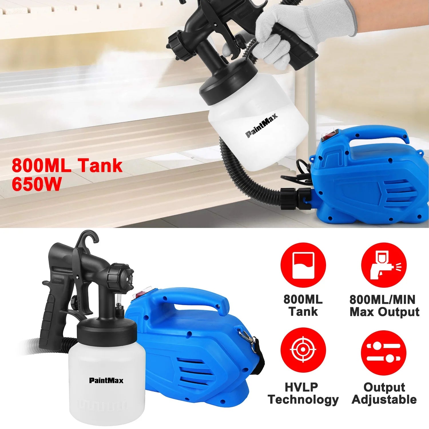 Paint Sprayer 800W Electric Paint Applicator with 3 Patterns for Cabinets, Fence, Walls, Door B551637