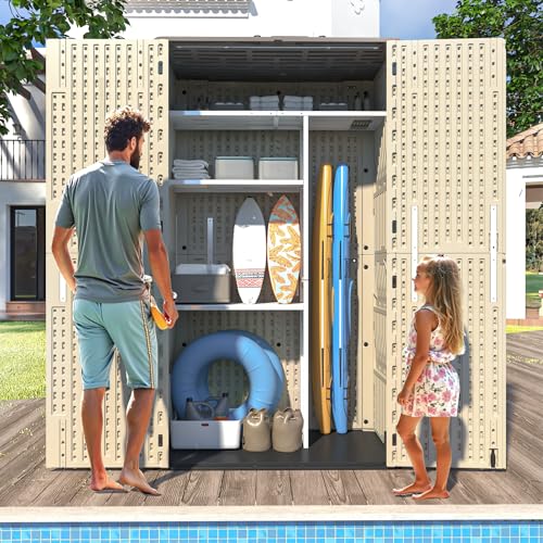 60 Cu.Ft Vertical Outdoor Storage Shed, All-Weather Resin Cabinet with Lockable Floor I975