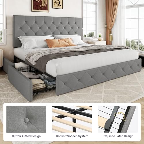 Upholstered Queen Platform Bed Frame with 4 Storage Drawers and Headboard G724955