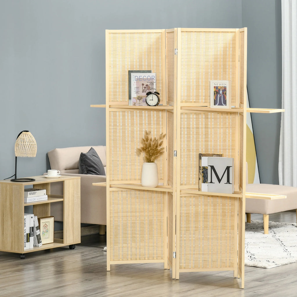 4-Panel Folding Room Divider, 6 Ft Freestanding Bamboo Privacy Screen with Storage Shelves I21393