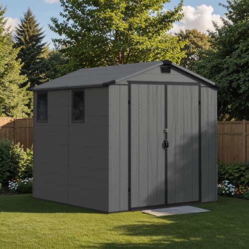 6 x 8 FT Plastic Outdoor Storage Shed with Floor and Lockable Door D7513