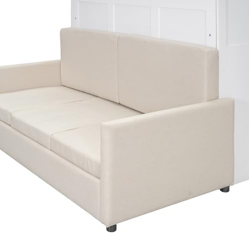 Murphy Bed Queen Size with Cushion, Foldable Sofa Bed Frame with Slat Support, White C2974