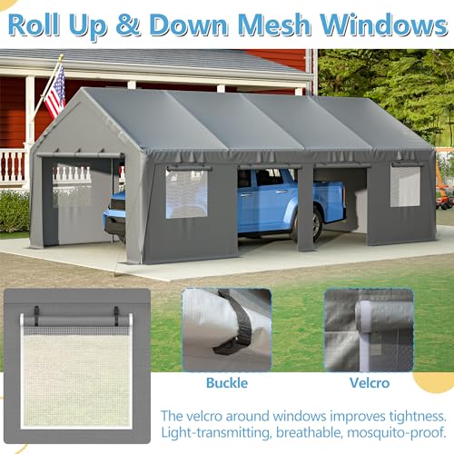 Carport 20x12ft Portable Garage Canopy with Roll-up Windows and Removable Sidewalls D71400